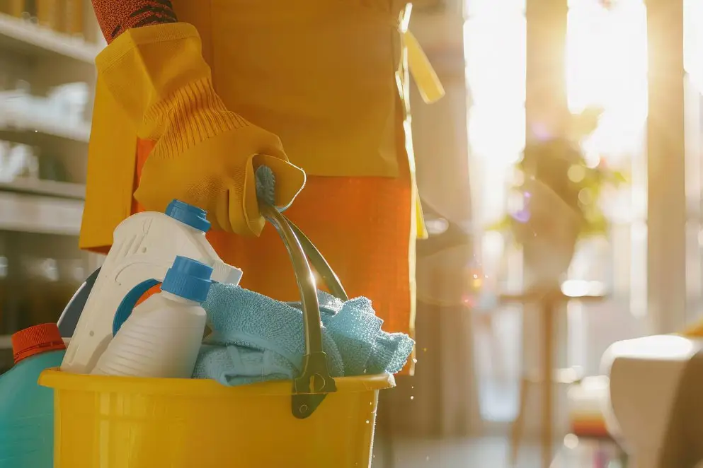 House cleaning services: A person in yellow gloves holds a bucket of cleaning supplies in a sunlit home.