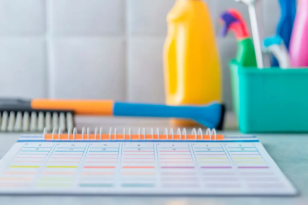 Calendar and cleaning supplies set up for a bi-weekly cleaning schedule.