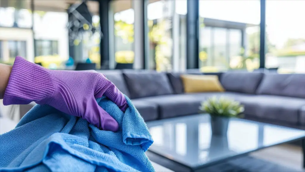 Gloved hand wiping table with cloth